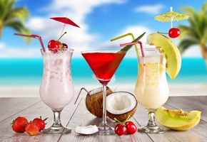 cocktails, melon, cocktail, coconut, strawberry, food, glasses, cherry, fruits, Summer