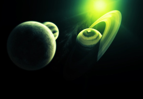 Космос, зелёный, свет, планеты, кольца