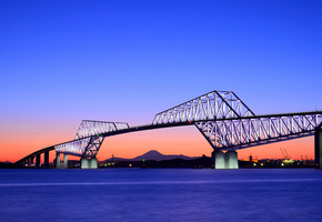мост, Япония, столица, токио, вечер, оранжевый, залив