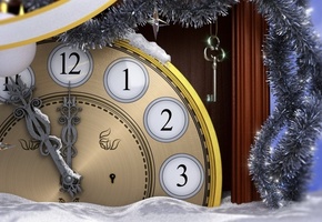 часы, мишура, снег, Новый год