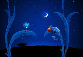 ночь, луна, нло, инопланетянин, хамелеон, синие