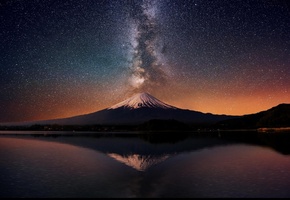 гора, вулкан, Фудзияма, вершина, снег, пар, озеро, небо, звезды, ночь, Япония