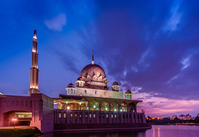 sky, evening, strait, sunset, purple, mosque, clouds, Malaysia, малайзия, putrajaya, lights