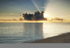 облака, закат, океан, пляж, Мальдивы, лучи, солнце, море