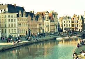 дома, бельгия, Гент, отражение, город, вода, здания