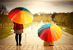 девушки, зонтики, улица