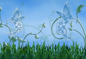 природа, зелень, цветы, экология, бабочки, бабочка, трава, небо, лето, рисунок, фон, обои