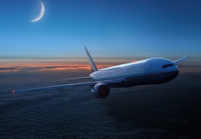 самолет, авиалайнер, полет, небо, облака, вечер, закат, месяц, луна