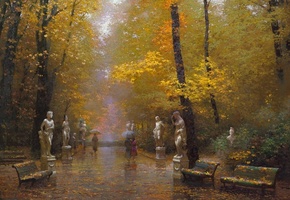 картина, живопись, арт, пейзаж, парк, деревья, дождь, осень, влага, статуи, скамейки, люди, зонты