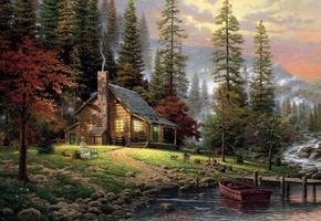 живопись, Thomas Kinkade, дом, деревья, река, лодка, помост, вечер