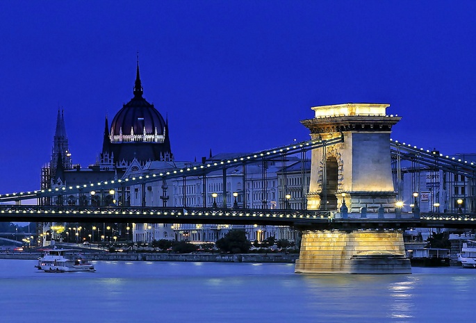 Hungary, Budapest, Chain Bridge, tower, Parliament, River, Danube, Blue Hour