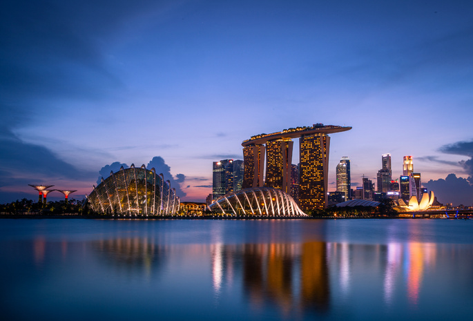 evening, lights, gardens by the bay, sunset, architecture, skyscrapers, Singapore, blue sky, clouds
