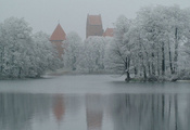снег, крепость, озеро, Зима, деревья