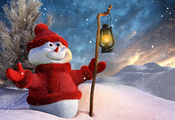 снежные, улыбка, новый год, Снеговик, рождество, фонарь