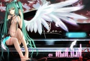 Hatsune miku, крылья, vocaloid, пианино, ангел, девушка