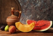 груша, дыня, фрукты, Арбуз, слива, персик, натюрморт
