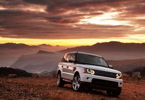 Range rover, белый, закат, авто, горы