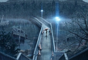 мост, девушка, Rainy day, фонари, проливной, дождь, зонтик