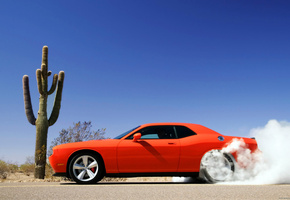 Dodge challenger, дым, красная машина