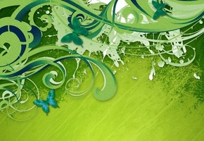 Зеленый фон, бабочки, краска, полосы, завитки