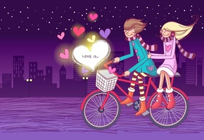 ночь, Love is, велосипед, сердца, звезды, влюбленные