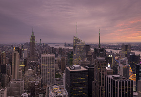 город, река, New york city, нью-йорк, сумерки, небоскребы