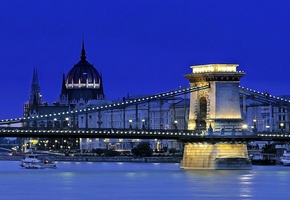 Hungary, Budapest, Chain Bridge, tower, Parliament, River, Danube, Blue Hour