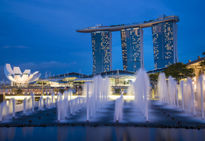 sky, lights, architecture, gardens by the bay, night, blue, Singapore, skyscrapers, fountains